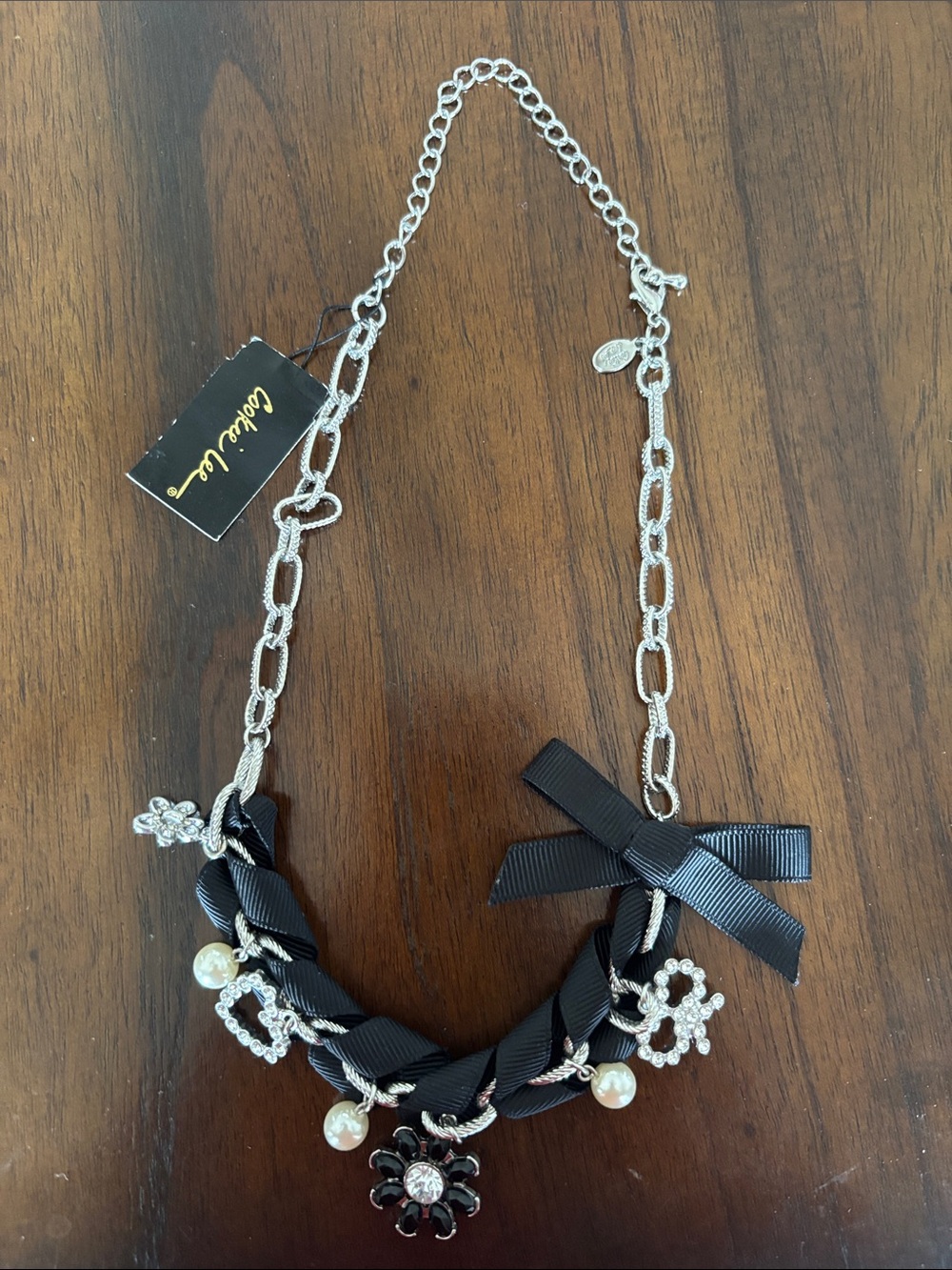 Cookie Lee Black Ribbon Necklace with Pearl & Crystal Charms 18”. NWT